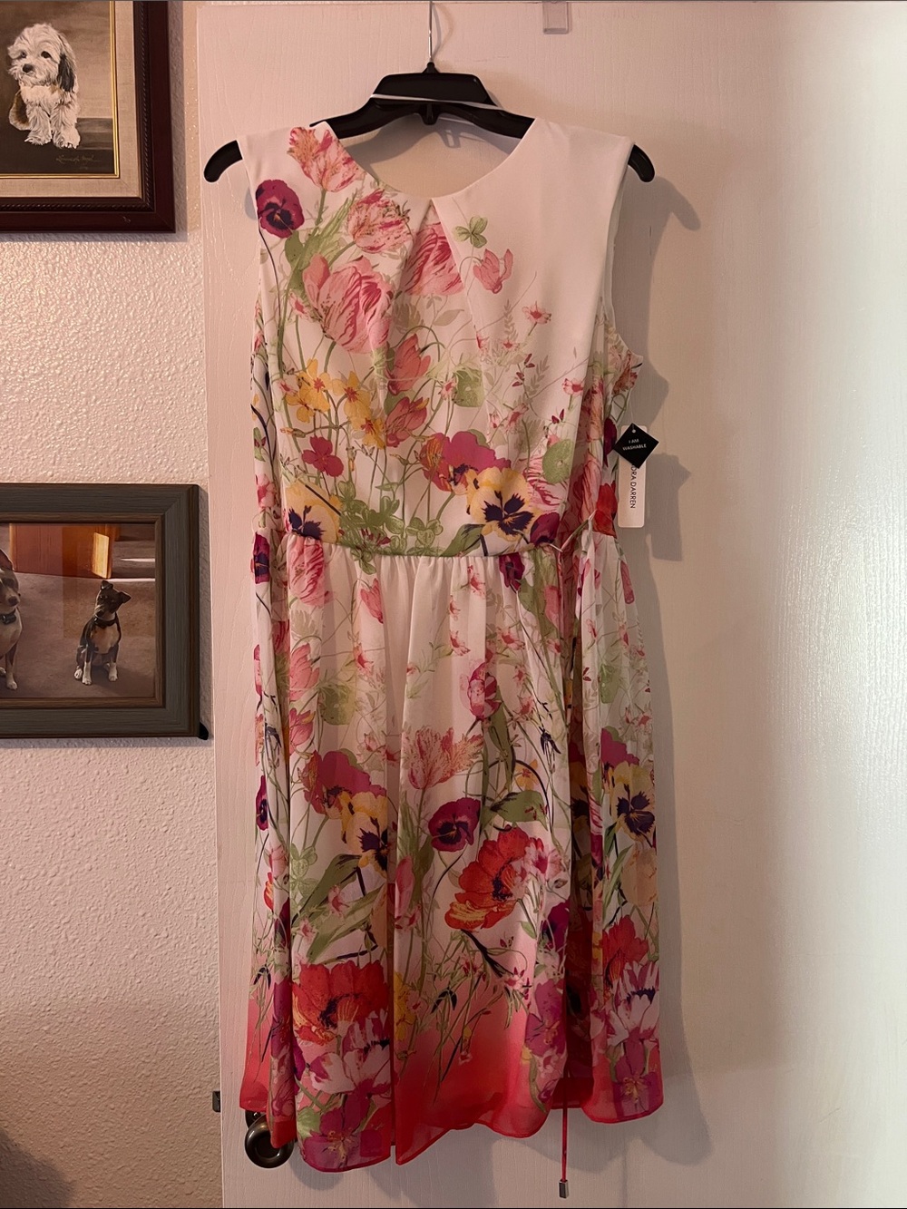 Sandra Darren White Floral Sleeveless Girls' Dress with Pink & Green Accents
